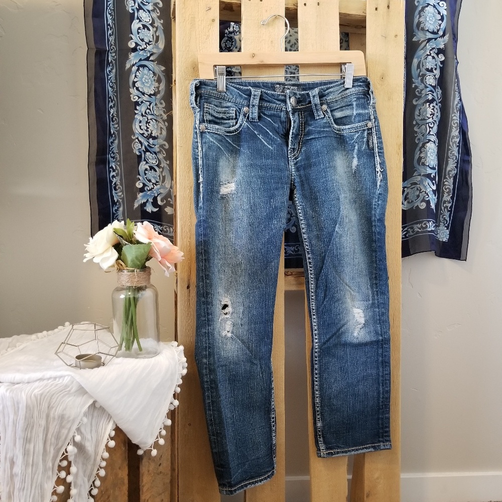 Silver distressed denim jean